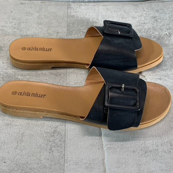 OLIVIA MILLER Women's Black Mia Buckle Round-Toe Slide Sandals SZ 10 - Picture 2 of 6